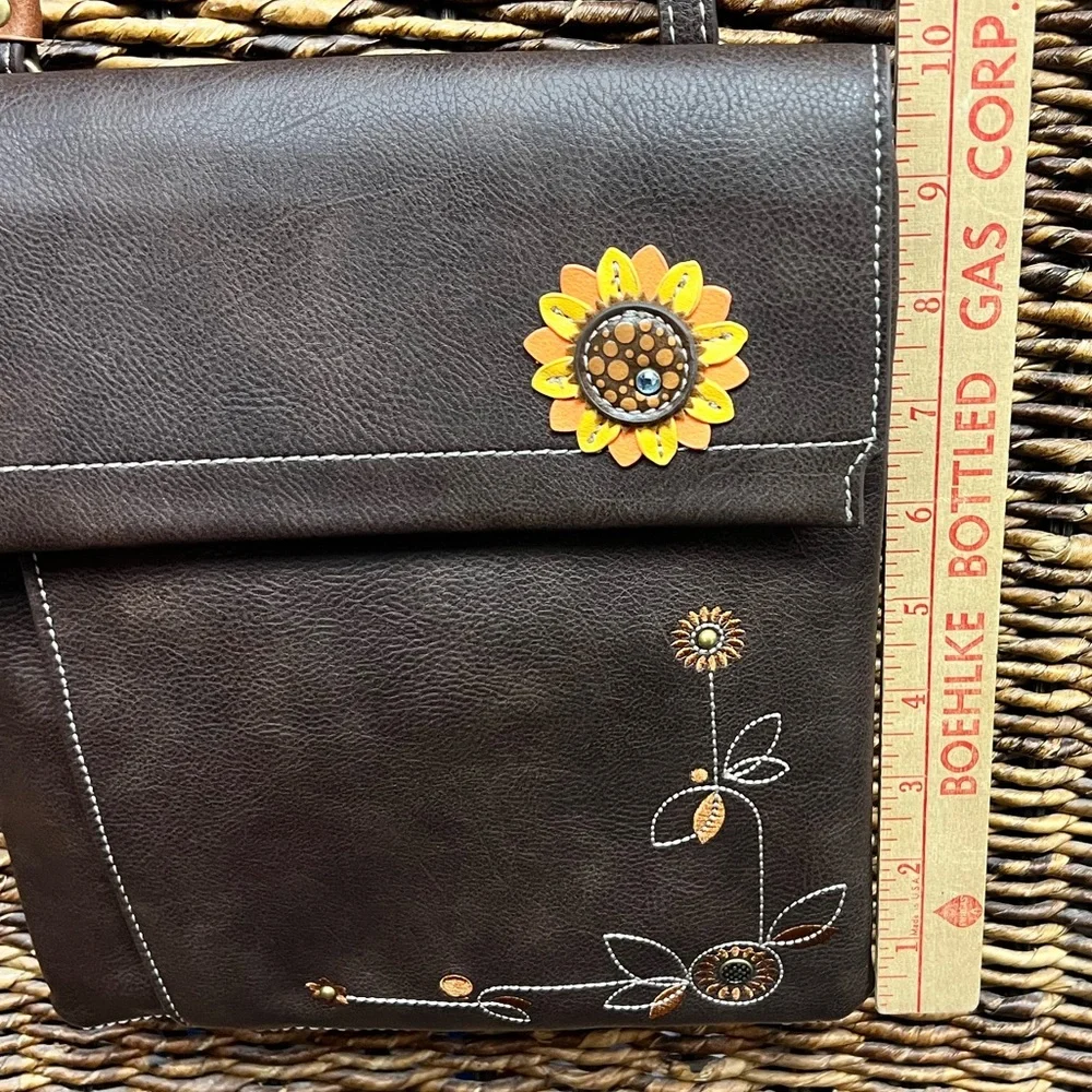Chala-Brown Crossbody Bag with Floral Embroidery, 9”x10”, Clean inside,back fade - Picture 5 of 10